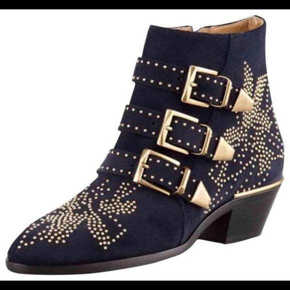 Chloe Susanna Ankle Boots Studded Suede Black Gold Size 10 - Picture 1 of 5